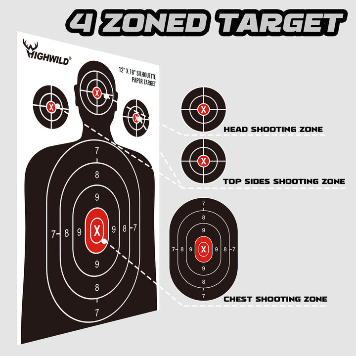 Tactical Silhouette Shooting Paper Targets - 12x18 Inches, 25-Pack Black and White