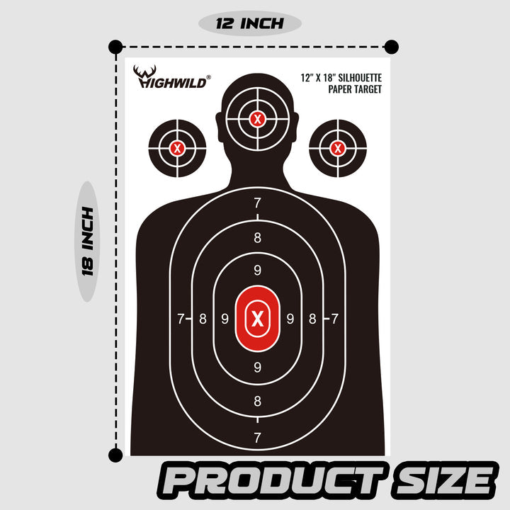 Tactical Silhouette Shooting Paper Targets - 12x18 Inches, 25-Pack Black and White